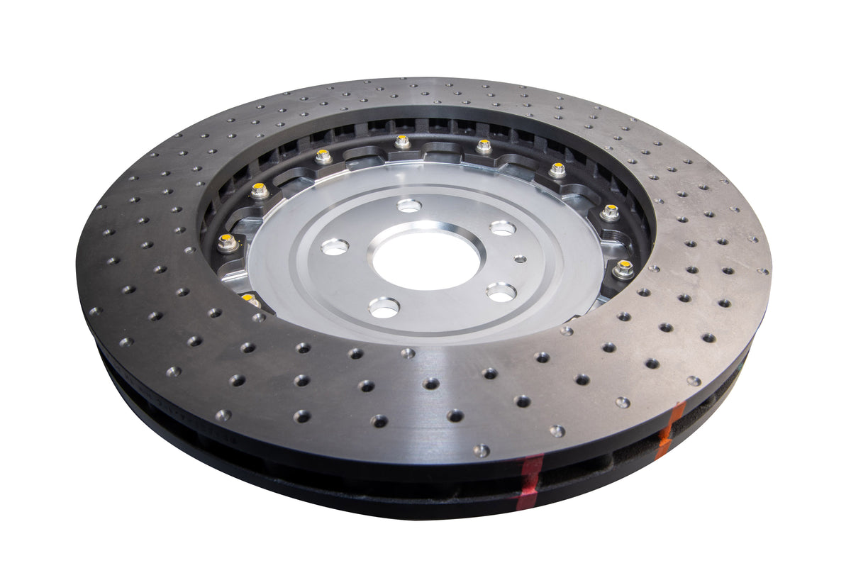 Audi RS3 DBA 5000 Series Crossed Drilled & Dimpled Silver Hat Front Brake Discs (Pair) (DBA52844SLVXD)