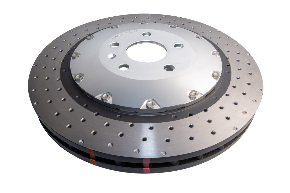 Audi RS3 DBA 5000 Series Crossed Drilled & Dimpled Silver Hat Front Brake Discs (Pair) (DBA52844SLVXD)