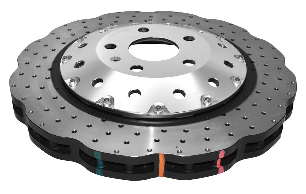 Audi RS3 DBA 5000 Series Crossed Drilled & Dimpled Silver Hat Front Brake Discs (Pair) (DBA52844WSLVXD)