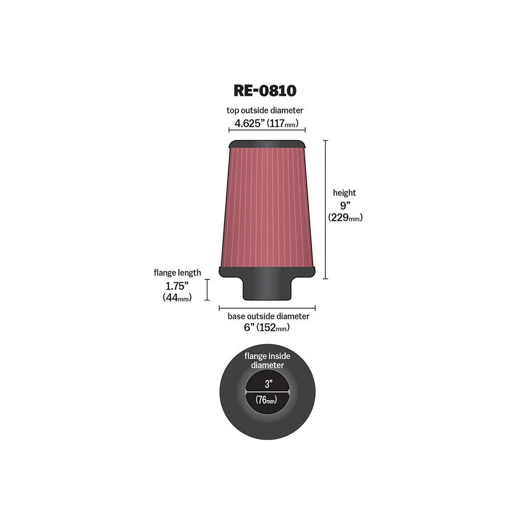 K&N 3" (76mm) INLET UNIVERSAL CONE FILTER RE-0810