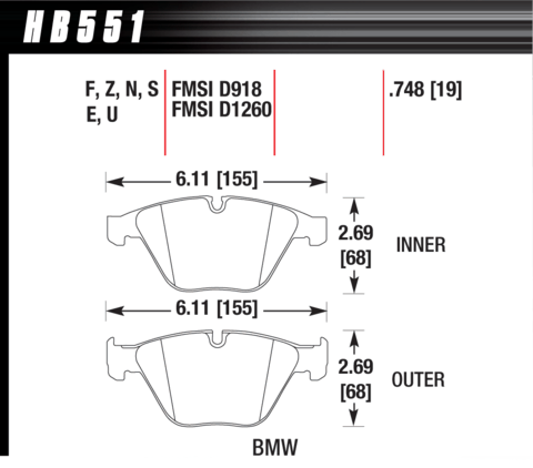 BMW 1 / 3 Series / 5 Series Hawk DTC-70 (19 mm) Front Brake Pads