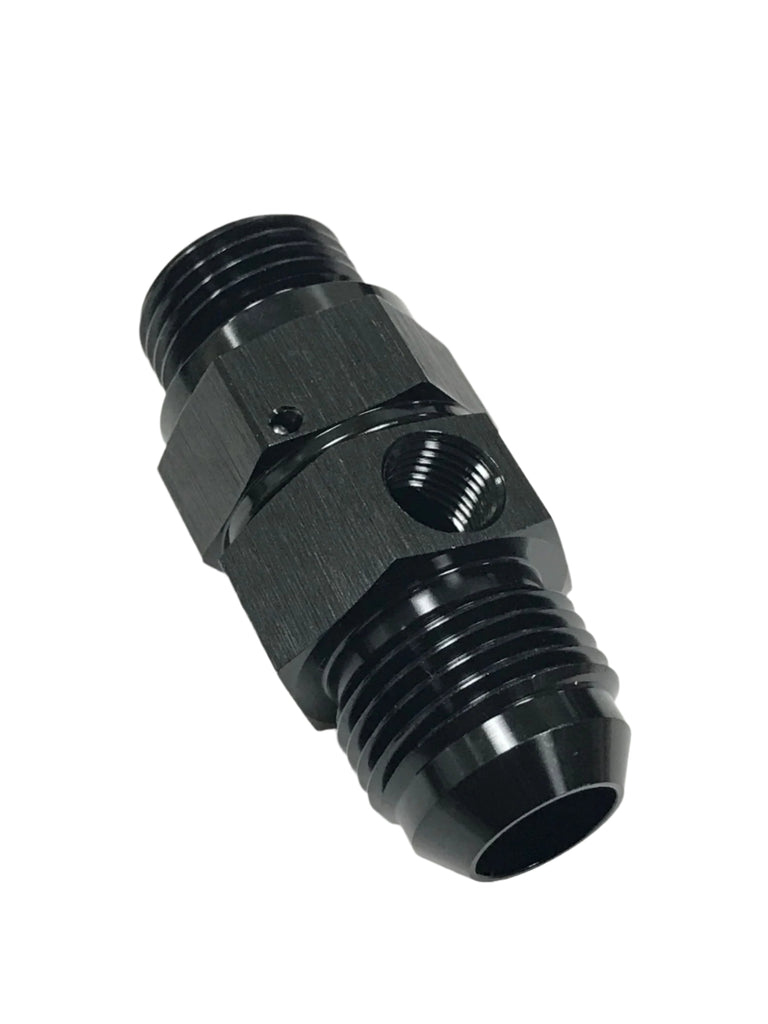 A black metal AN fitting with 1/2 BSP to AN10 male threading and a 1/8NPT port