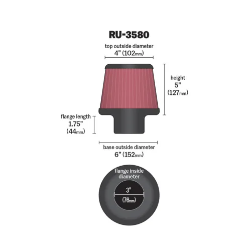 K&N 3" (76mm) INLET K&N UNIVERSAL AIR FILTER RU-3580-2