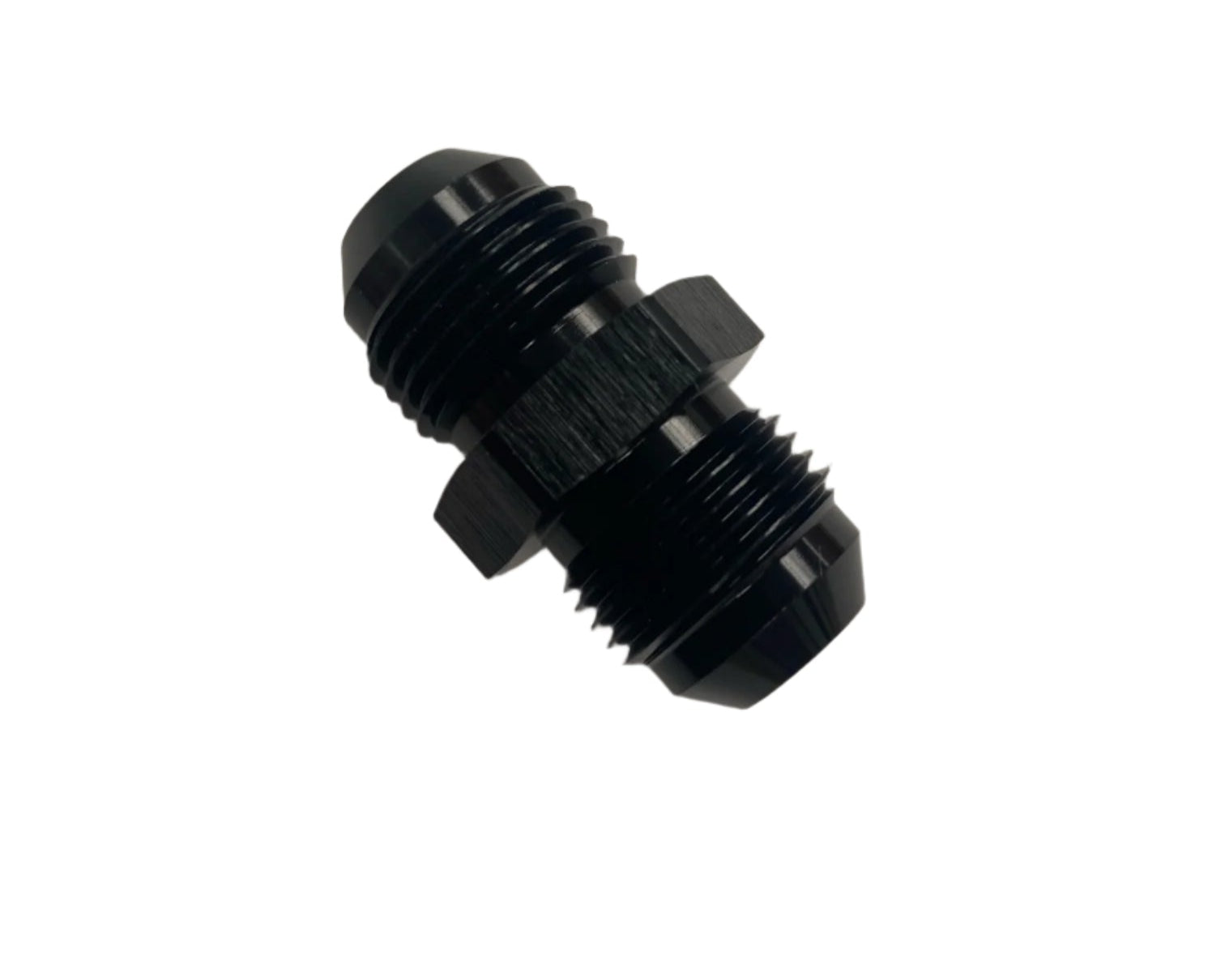 A black AN8 male to male fitting for vehicle builds.