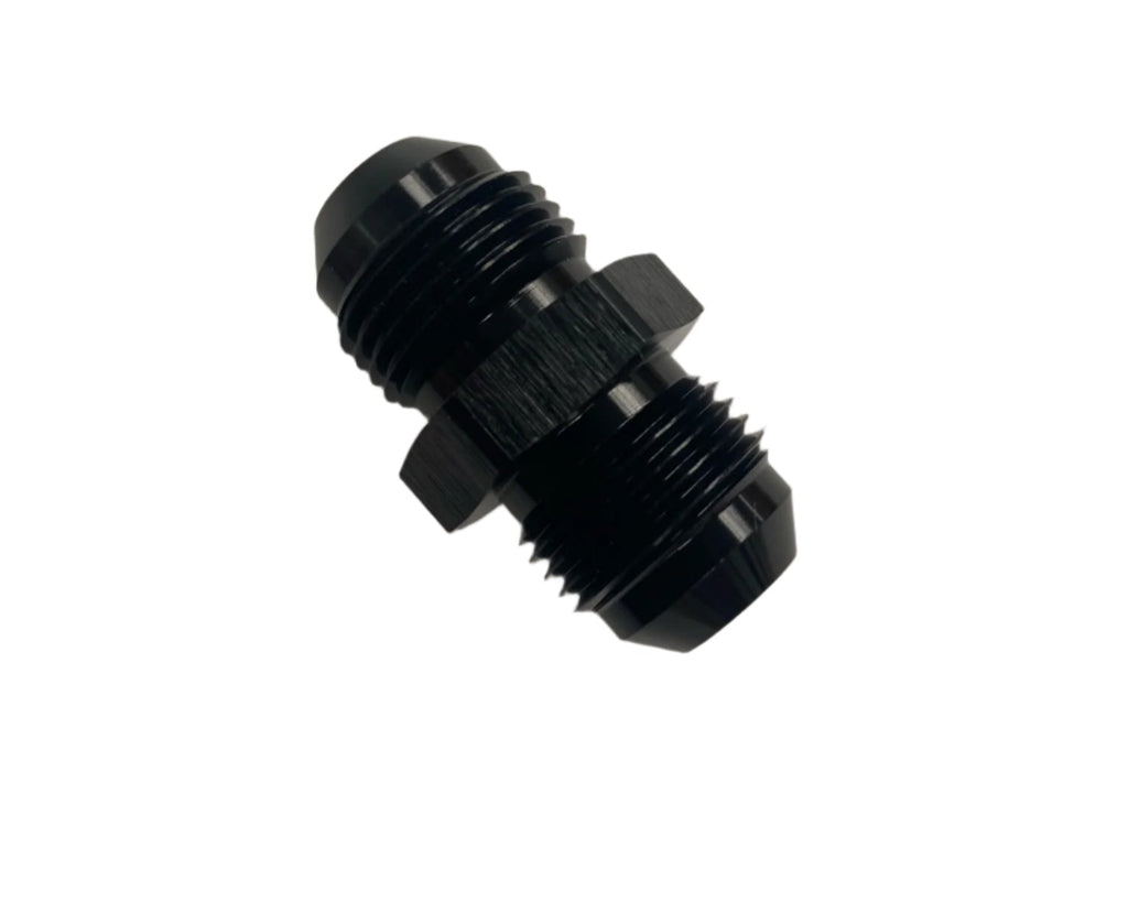 A black AN8 male to male fitting for vehicle builds.